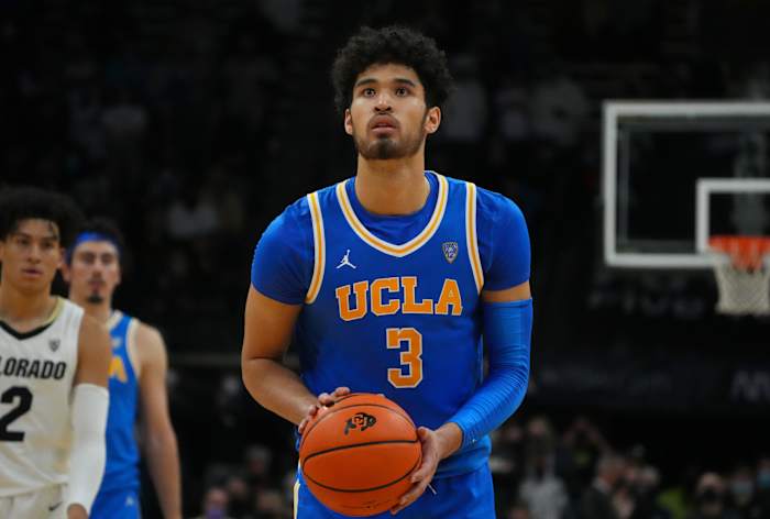 UCLA Bruins guard Johnny Juzang (3) prepares to shoot at the free throw line against the Colorado Buffaloes in the second half at the CU Events Center.